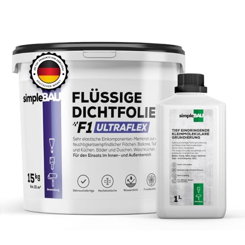 simpleBAU Flüssigfolie Dichtfolie F1 Ultraflex 15 KG, Gebrauchsfertig Abdichtfolie Wasserdicht + 1L Tiefengrund gebrauchsfertig - Dichte Einkomponentige Dichtungsmasse für Außen und Innen