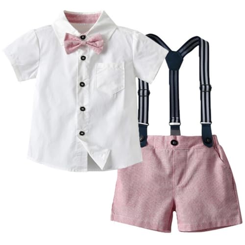 Yaopelky Toddler Boy Summer Gentleman Outfits Short Sleeve Shirt with Bowtie Suspender Shorts Suit 1-8 Years (Pink, 6-7 Years)