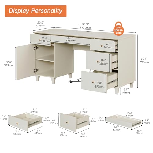 Image of WAMPAT Desk with Drawers & Storage Cabinet, 58 Inch Beige Wood Desk with Charging Station, Modern Home Office Large Wooden Executive Computer Desk, Vanity Desk for Bedroom