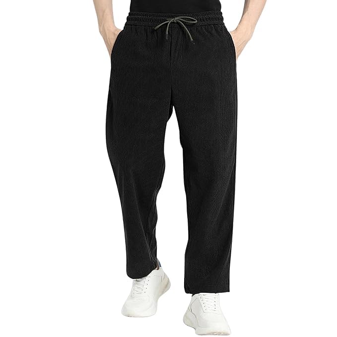 Men's Corduroy Track Pants | Self Design, Mid-Rise Fit, Flexi Waistband | Retro-Inspired Straight Fit Lounge & Casual Wear-picture-34
