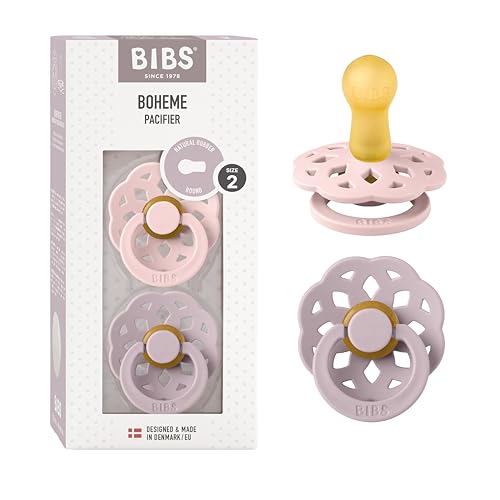 Image of BIBS Pacifiers - Boheme Collection | BPA-Free Baby Pacifier | Made in Denmark | Set of 2 Blossom/Dusky Lilac Color Premium Soothers | Size 6-18 Months