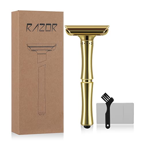 Whityle Safety Double-edged razor safety razor metal razor, men's long handle razor, adjustable double edge razor box comes with 1 cleaning brush and 5 double-edged blades (golden)