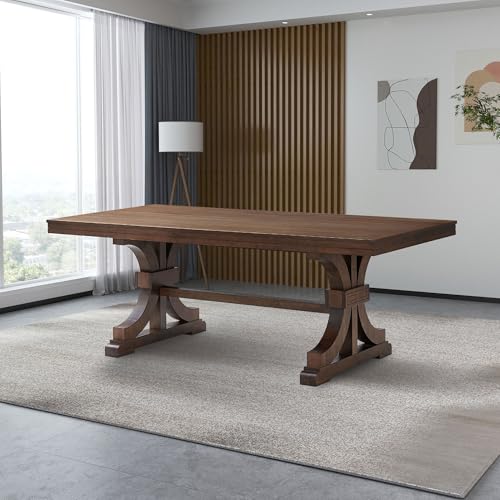 kevinplus 78.74'' Rectangular Wood Dining Table Kitchen Table for 6-8, Modern Mid-Century Retro Style Rubber Wood Metarial for Dining Room Trestle Pedestal Base, Dark Oak