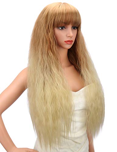 Kalyss Ombre Platinum Blonde Long Loose Curly Wavy Wigs for Women Bob Wigs with Hair Bangs Natural Looking Heat Resistant Premium Synthetic Wigs, 30 inch, 0.5lb