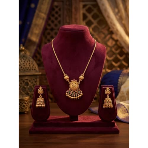 Image of Traditional Gold-Plated Lakshmi Temple Pendant Necklace Set for Women | Antique South Indian Jewelry with Jhumka Earrings | Ethnic Bridal, Wedding & Festive Jewelry Set