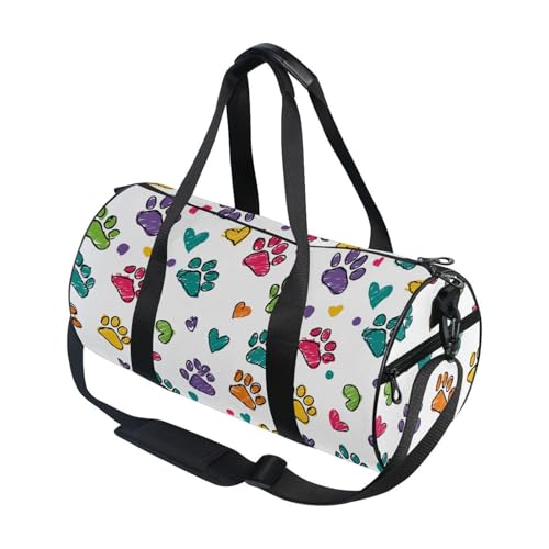 Colorful Paw Print Sports Duffel Bag Barrel Gym Bag with Adjustable Shoulder Strap, Spacious Main Compartment Side Pockets and Full Print Design for Fitness Travel and Sports