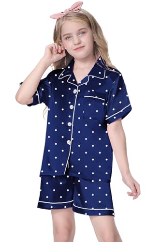 Image of Schbbbta Girls Womens Pajamas, Satin Silky Pjs Set Kids 2Pcs Button-Down Nightwear Sleepwear Gift for Mommy and me