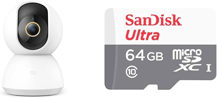 Xiaomi Mi Home Security Camera 360 Degrees 2K White, 2021 Version, Bhr4457Gl & 64Gb Ultra Microsdxc Uhs 1 Card 100Mb/S Sdsqunr 064G Gn3Mn, Grey, Sdsqunr 064G Gn3Mn, Grey