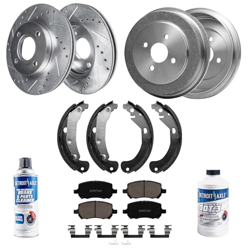 Image of Detroit Axle - 4 Lug Brake Kit for Chevrolet Cobalt Saturn Ion Pontiac G5 Pursuit, Front Drilled Slotted Disc Brakes Rotors Ceramic Brake Pads Rear Brake Drums Brake Shoes Replacement