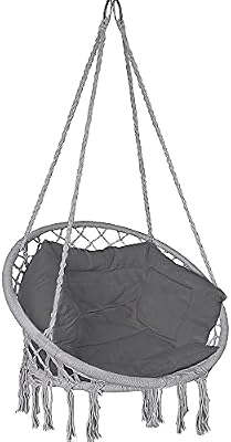 VOUNOT® Silla Colgante Exterior con Flecos, Hamaca con Conjines y Kit de Suspensión, Ø80cm Silla Columpio para Interior y Exterior, Gris