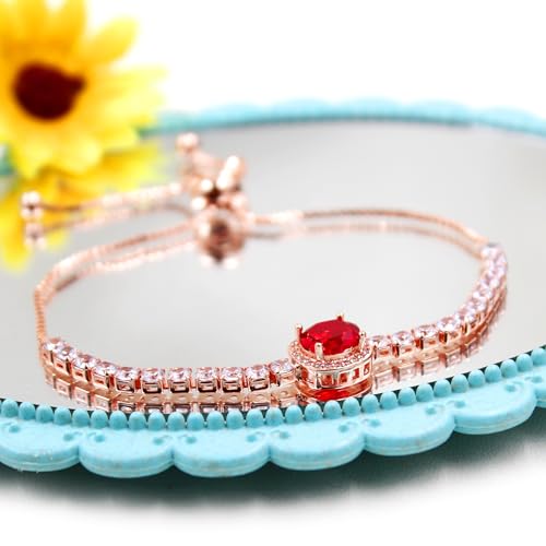 Image of Rose Plated Gold Brass Box Chain Cubic Zirconia Classic Tennis Slider Adjustable Bracelet, Round Big Zircon Charm Give Woman Mom Mother's Day Fashion Crystal Gift