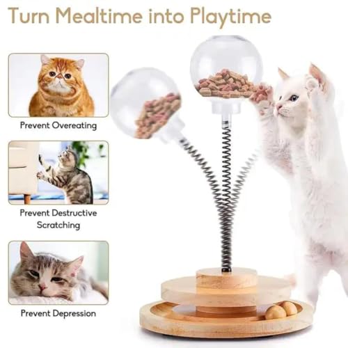 Image of Cat Treat Dispenser, Fun Interactive Cat Toys, Brain Stimulating Slow Feeder Leaky Toys with Wooden Track Turntable, Catnip, Spring, 2 Roller Balls with Leak Hole Diameter 0.5 inch, Small