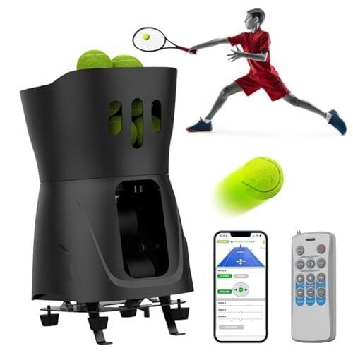 Jiangtaom Smart Tennis Ball Machine, Automatic Portable Tennis Ball Launcher/Thrower Single Automatic Trainer for All Level Players Training and Practice(Black)