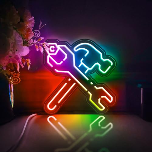 Ancfun Hammer and Wrench, Repair Tool Led Light Box, Garage Wall Art Decor, Desktop Decorations (RGB & Color Flow Effect, Medium Size)