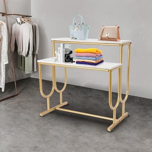 2-Tier Display Stand for Clothing, Shoes, Bags, Hats, Cosmetics, Jewelry, Crafts, Flowers, Food - Countertop for Retail Store Showcase, Gold Finish