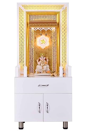 Devyom Wooden Temple For Home/Mandir With LED Light's | Temple With Cabinets And Storage Sliding Drawers | Pooja Mandap | Large Modular Mandir