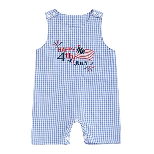 Image of PUHHAPIEY Baby Boy Summer Clothes Sleeveless Embroidery Dinosaur Gingham Retro Romper Jumpsuit Smocked Shortall