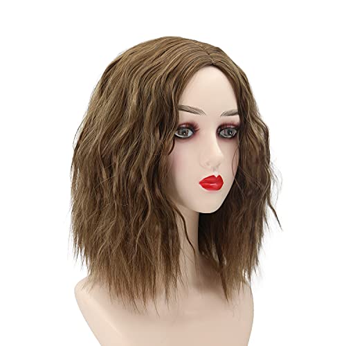 MEIRIYFA Short Brown Bob Wavy Curly Wig Synthetic Shoulder Length Hair for Women Middle Part Natural Hairline Heat Resistant Wig 14inch, Light Browninch