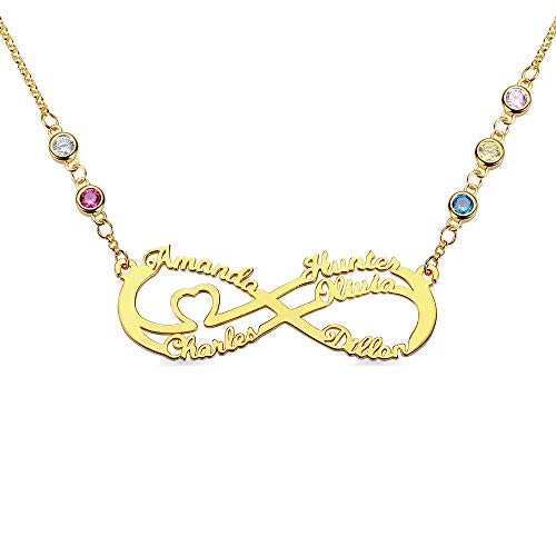 Infinity Necklace Personalized Five Name with Simulated Birthstones - 925 Sterling Silver Custom 5 Name Family Necklace
