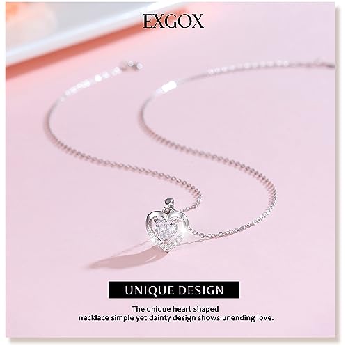 EXGOX Silver Heart Necklaces, 925 Sterling Silver Necklace for Women Crystal Heart Necklace Dainty Love Heart Necklace Adjustable Silver Chain Necklace Women Birthday Gift (White-Crystal Heart) - Image 4