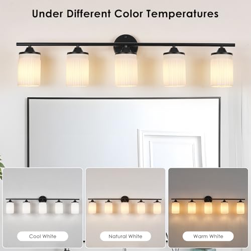 Image of Jonsi Black Bathroom Light Fixtures 5-Light Vanity Lights Modern Wall Sconce with Milk White Shade Brushed Brass Bathroom Light Fixture Over Mirror for Bedroom Hallway Kitchen