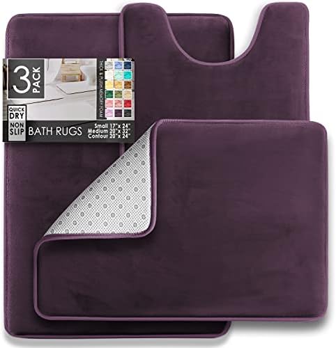 Clara Clark Bathroom Rugs Sets 3 Piece, Velvet Memory Foam Bath Mat - Non-Slip, Machine Washable Bath Rugs - Dries Quickly, Ultra Soft Bath Mats for Bathroom, Purple Bathroom Rug Set