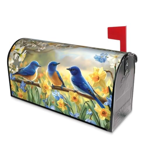 Image of Spring Summer Flowers Magnetic Mailbox Covers Standard 18 X 21 Inch Blue Birds Daffodils Floral Mailbox Cover Waterproof Post Wraps Spring Mailbox Cover for Garden Yard Home Decoration