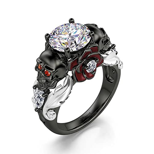 Jeulia 2.55ct Skull Engagement Ring Sets Sterling Silver Heart Cut Red Diamond Ruby Rings Cubic Zirconia Wedding Promise Anniversary Romantic Jewelry for Women Grils Bridal with Gift Box (Romantic Death, 9.5)