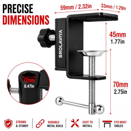 Image of BROLAVIYA Desk Base Clamp Mount for Microphone Boom Scissor Arm, Table C Clip for Articulating arm Stand, or Mic Stand Fits Up to 1.77 inch 4.5cm Thickness.