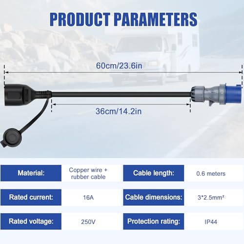 16A/250V wtyczka CEE na złącze Schuko, adapter CEE, długość kabla 50 cm, stopień ochrony IP44.