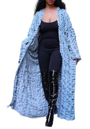 LETSVDO Women's Ripped Denim Duster Kimono Cardigan Oversized Distressed Hollow Out Open Front Long Jean Jacket Coat