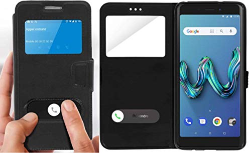 Housse Wiko Tommy 3 noire avec double fenêtre pour décrochage rapide