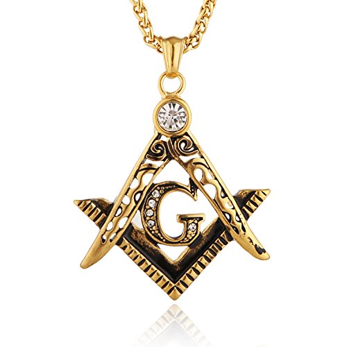 HZMAN Mens Cubic Zirconia Freemason Symbol Masonic Stainless Steel Pendant Necklace 22+2 inch Chain