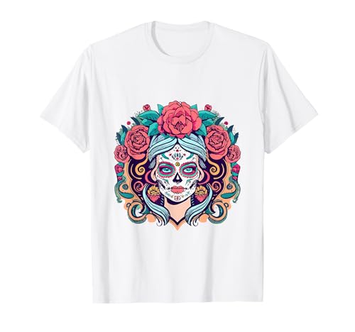 Dia De Los Muertos Floral Sugar Skull La Catrina Mujer Chica Camiseta