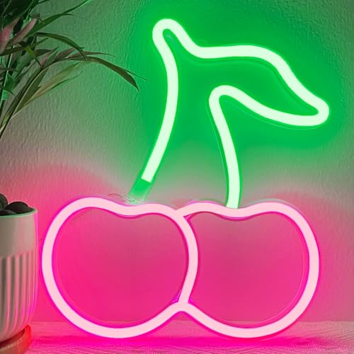 Image of HOHOSIGN Cherry Neon Sign Lights LED Lamp Cherry Decor Birthday Party Decorations, Pink Green Accessories for Women Fruit Gifts, USB /Battery Operated Neon Sign for Wall Decor Room Home Girls Bedroom