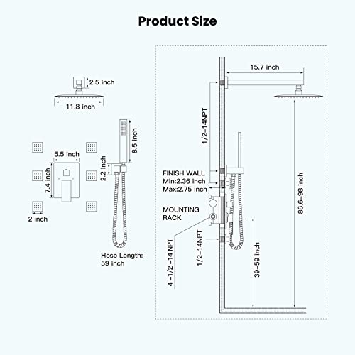 gotonovo Shower Faucet with Full Body Jets Rain Mixer 12 inch Rainfall Shower Head and Handheld Spray Combo Wall Mounted Rough-in Valve and Trim Included with 6pcs Body Message Jets Matte Black