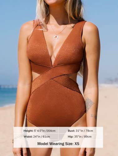 Cupshe One Piece Swimsuit For Women Bathing Suit V Neck Cutout Sexy Swimwear Wide Straps Back Hook Shiny Texture M Saddle Brown #TOP3