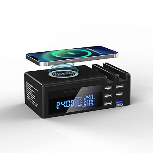 Dragon-Hub Wireless Charging Station for Multiple Devices 70W Wireless Charger USB Charging Station Fast Charging 6 Ports Charging Dock Station with Clock LCD Display for Phones Tablets, Black