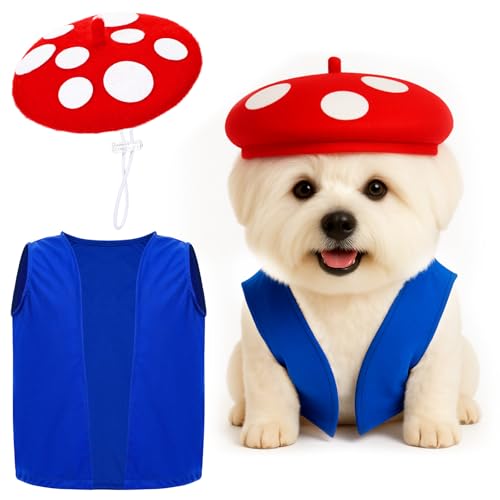 Huhumy Halloween Mushroom Pet Costume Set Spotted Mushroom Hat and Blue Vest Funny Cosplay Outfits for Halloween Cosplay Costumes
