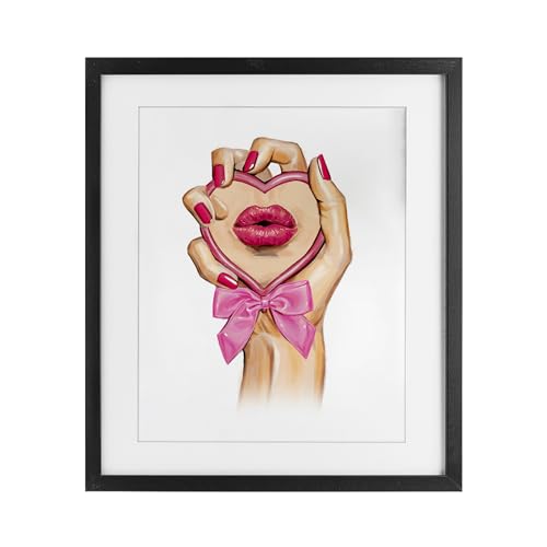 Impression encadrée lèvres roses miroir noir déco salon glamour chic 40x33
