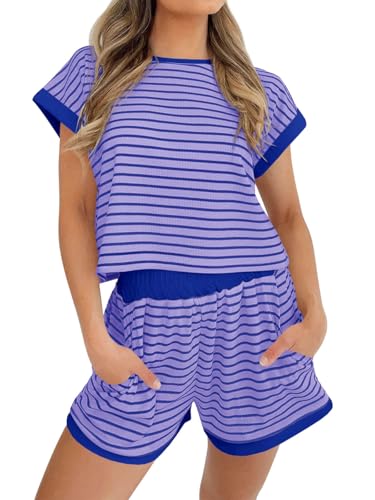 Image of Tankaneo Womens 2 Piece Sets Striped Short Sleeve Top and Shorts Lounge Set