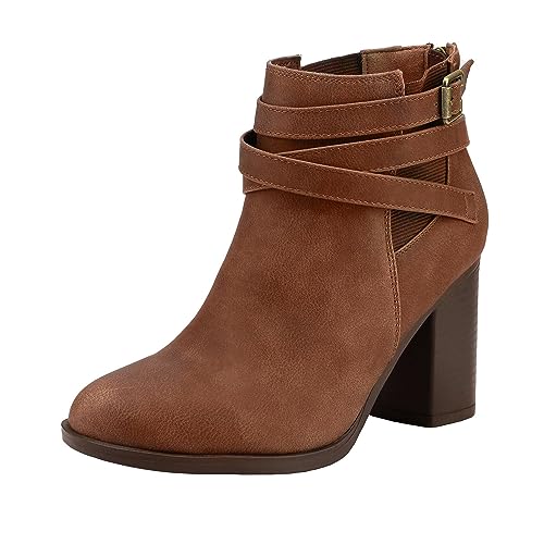 DREAM PAIRS Women's Chunky High Heel Ankle Boots Close Toe Fall Heeled Booties Shoes,Size 7.5,Brown-Pu,CHICAGO-03