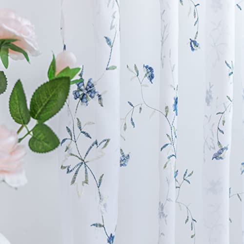 Taisier Home Floral White Sheer Curtains Flower Print Vine Embroidery Bedroom Curtain Rod Pocket Voile Window Curtains For Living Room, 52 X 45 Inches Long, Set Of 2 Panels,Blue Buds With Green Branch #TOP29