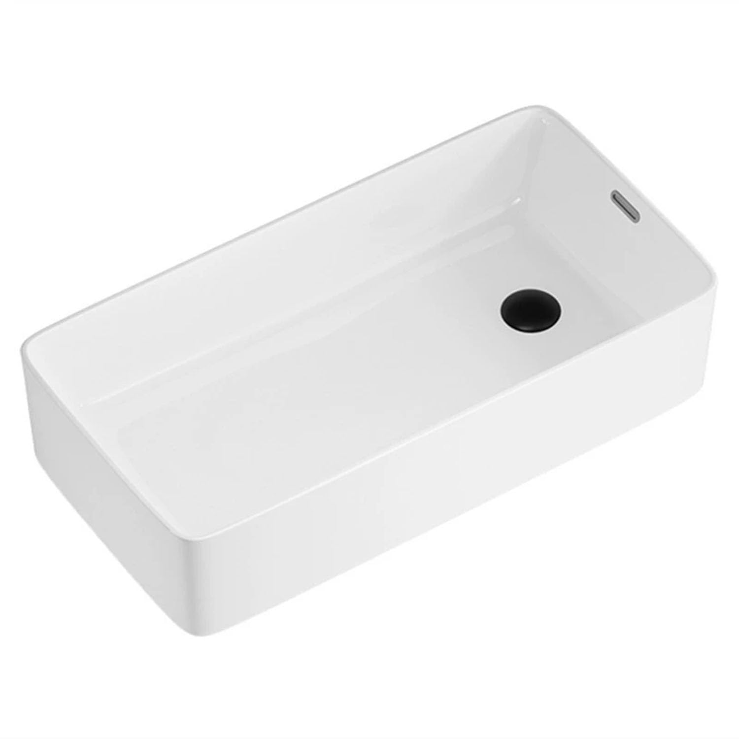 Lavabo da Appoggio in Ceramica con Troppopieno, Lavello Rettangolare Moderno con Scarichi Laterali e Scarico Pop-up per Bagno e WC degli Ospiti