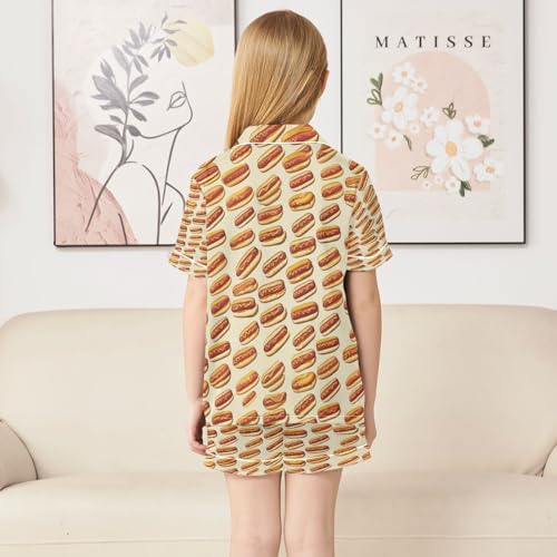 Satin Pajama Sets Short Sleeve Cartoon Hot Dog Pattern Button Down Silky Nightwear 2 Piece PJS 5-14Y4