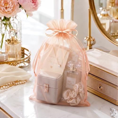 Image of FUNFERY 100PCS Peach Champagne Sheer Organza Bags 3x4 in, Goodie Bags Bulk | Small Mesh Gift Bag with Drawstring for Wedding Party Favor, Drawstring Pouch for Jewelry, Sachet Bags for Treat, Candy, Soap