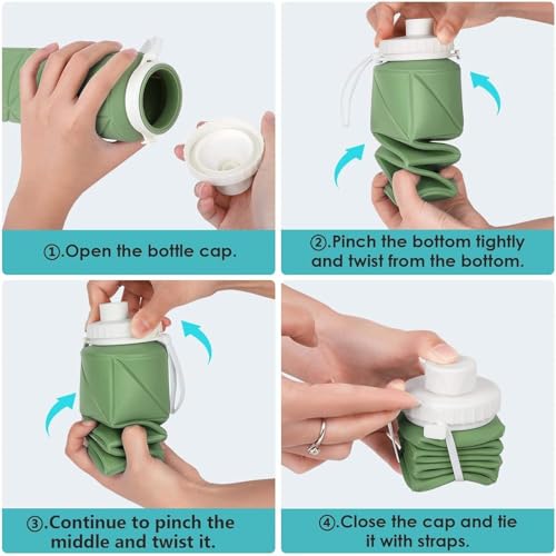 Image of SILENCIO Silicone Water Bottle 600 ml | Foldable Leak Proof Travel Bottle | BPA Free Reusable Drinking Bottle for Gym, Trekking, Camping & Outdoor Use (GREEN)