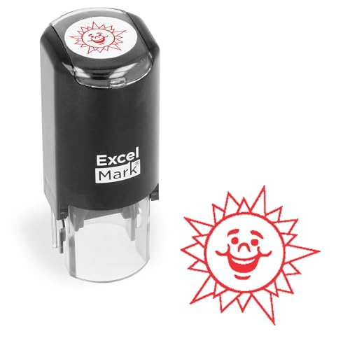 ExcelMark Round Teacher Stamp - Happy Sun - RED Ink