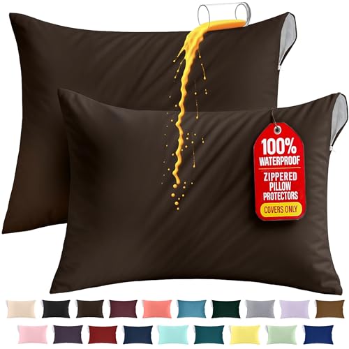 Image of Utopia Bedding Premium 100% Waterproof Pillow Protectors with Zipper King Size (Set of 2), Bed Bug and Dust Mite Proof Zippered Pillow Covers, Pillow Encasement Cases, Brown
