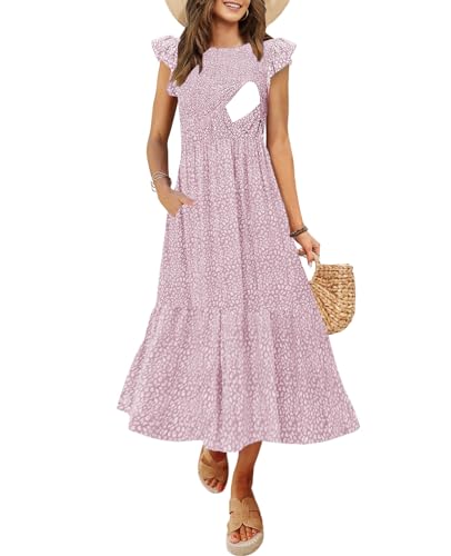 Image of CzzzyL Women's Nursing Dress Flutter Short Sleeve Crew Neck Smocked Elastic Waist Tiered Midi with Pockets